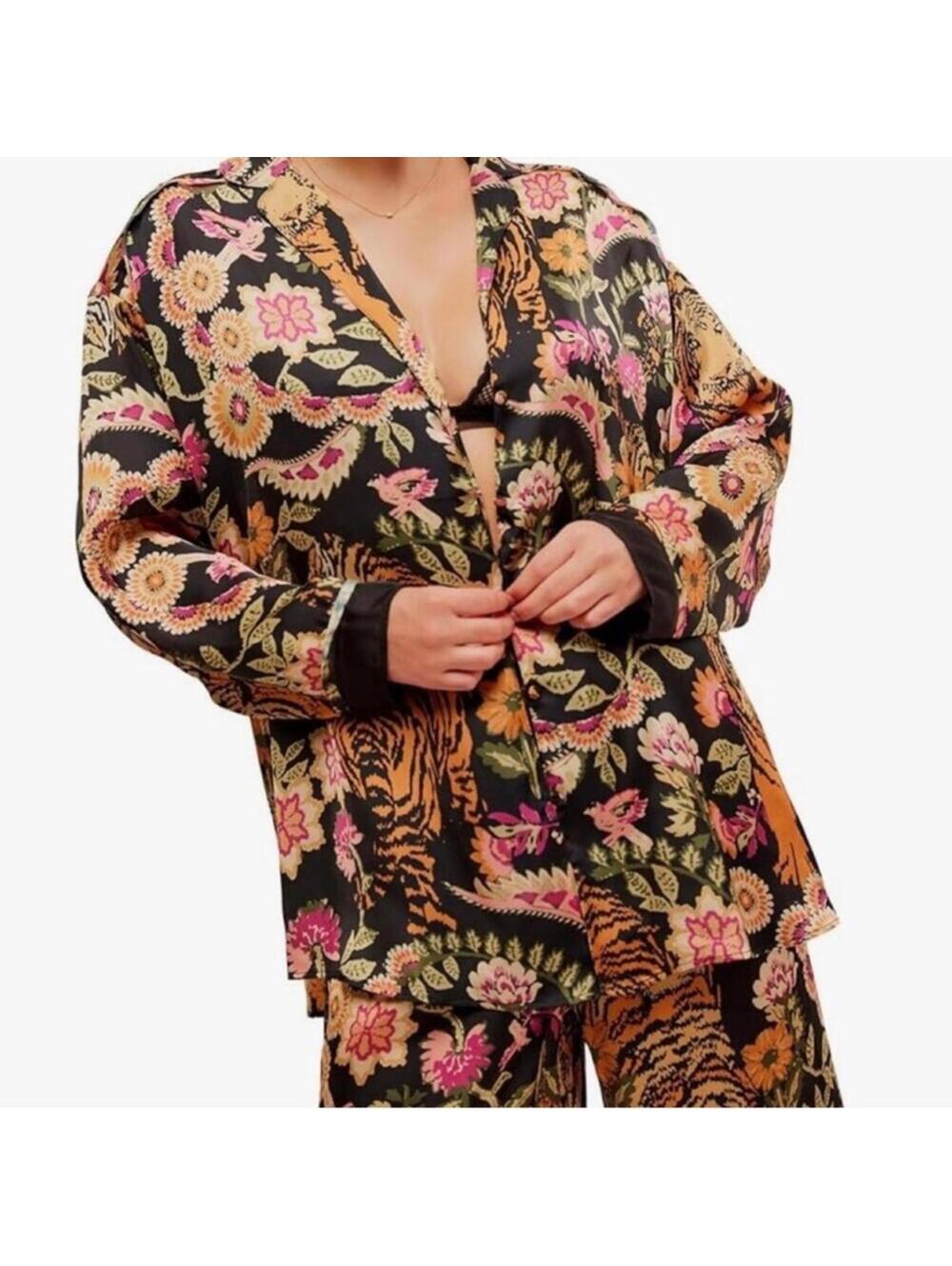 🆕 NWT FP Pajama SET Iron Combo Tiger Floral Print SILKY oversized XL Long Tall - Picture 3 of 16